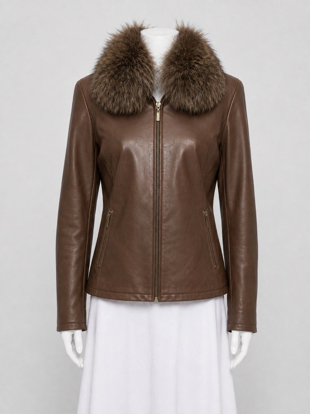 Vintage Y2K Marvin Richards Brown Leather Real Fox Fur Collar Jacket Large
